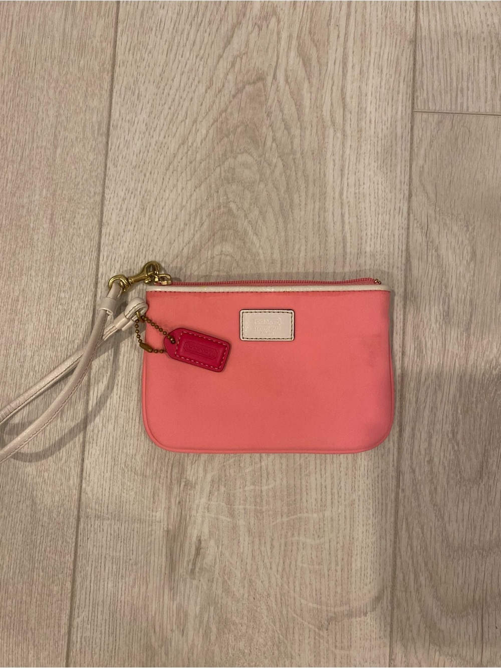 EUC Coach Pink Wristlet with White Strap and Hot Pink Tag